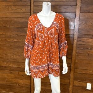 Rust Orange V-Neck Tunic with Paisley Print